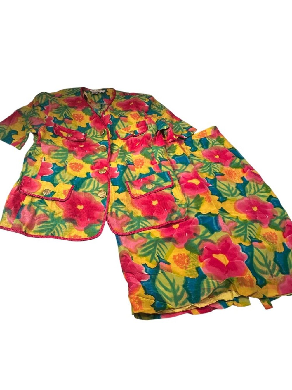 Richie Freeman Teri Jon Linen Silk Skirt Suit Set Floral Women Tropical Career